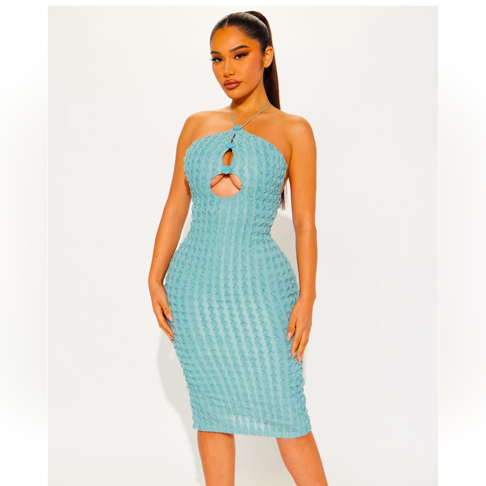 Aqua blue keyhole midi dress